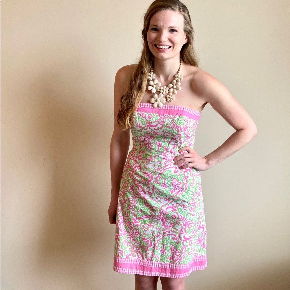 Lilly Pulitzer pink &green printed strapless dress - Picture 2 of 12